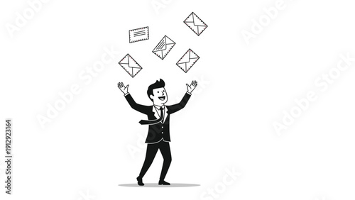 Joyful businessman standing with arms raised as several white envelopes fly through the air representing high volume of communication.
