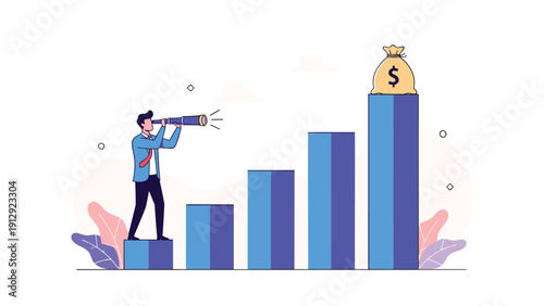 Visionary businessman standing on a bar graph and looking through a telescope at a bag of money to represent financial forecasting.