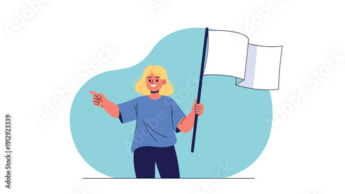 Young blonde woman in a blue shirt holds up a large white flag while pointing forward against a soft blue abstract background.