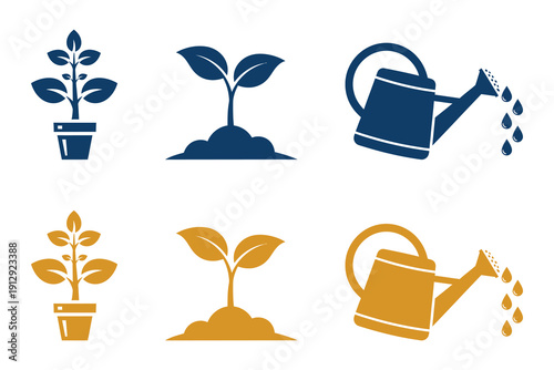 Plant Growth and Watering Icon Set in Flat Vector Illustration