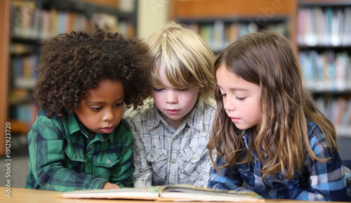 three children of different races, one girl and two boys lying on the floor reading books together in kindergarten.