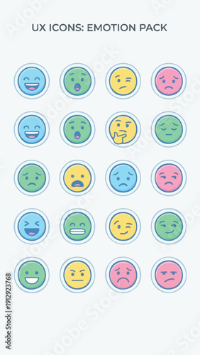 UX Icons Emotion Pack Featuring Diverse Facial Expressions.