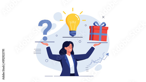 Successful businesswoman balances a blue question mark and a red gift box while standing before an upward trending financial graph.