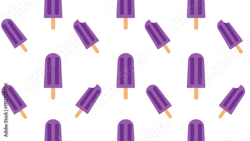 Minimalist pattern features several purple grape flavored popsicles on wooden sticks scattered over a clean white background.