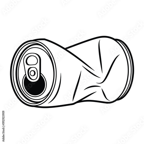 A black and white illustration of a crushed aluminum beverage can