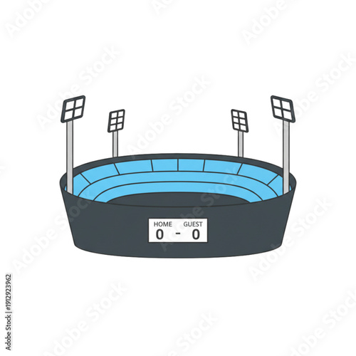 Empty stadium with scoreboard showing 0-0 score