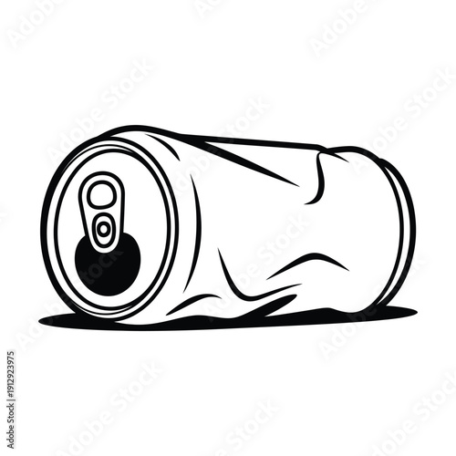 A black and white illustration of a crushed aluminum soda can
