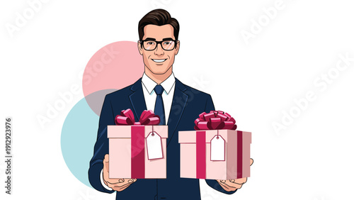 Cheerful businessman in a professional suit and glasses holds out two pink gift boxes with white tags for a holiday celebration.