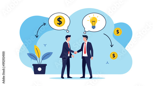 Two business professionals shake hands under speech bubbles containing a gold coin and a creative yellow light bulb idea.