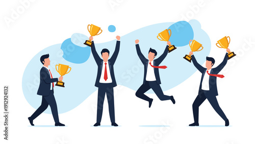 Group of joyful businessmen in suits celebrate their victory by jumping and holding up shiny gold trophies together.