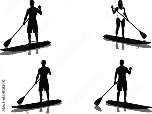 Stand up paddle boarding silhouettes of men and women on water boards with paddles isolated on white for summer vacation design.