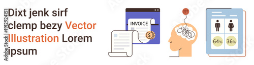 Business finance, cognitive science, data analysis, digital applications, healthcare, user behavior research. Invoice, brain illustration and analytics screen. Finance and cognitive science