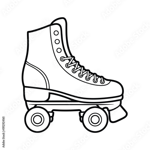 Black and white line drawing of a single retro roller skate