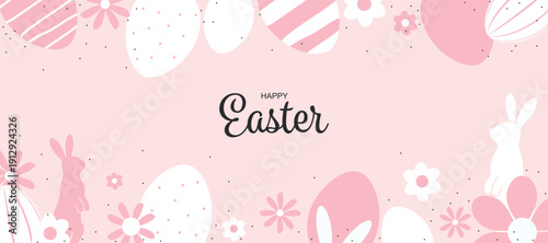 Happy Easter banner. Trendy Easter design with typography, hand painted strokes, flower and dots, eggs and bunny in pastel pink colors. Modern minimal style. Horizontal poster, greeting card, website 