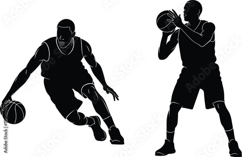 Two black basketball player silhouettes showing one athlete dribbling a ball and another shooting a jump shot on white background.