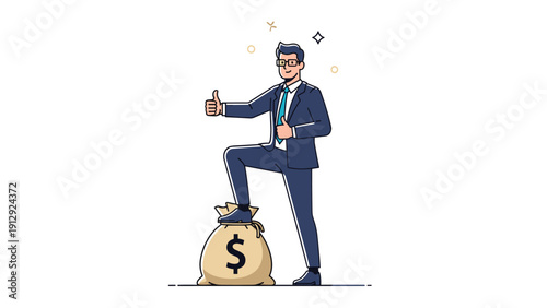 Confident professional businessman stands with one foot on a large money bag while giving a positive thumbs up sign.