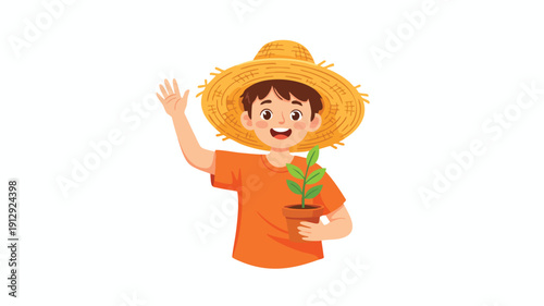 Young boy wearing a straw hat holding a plant.