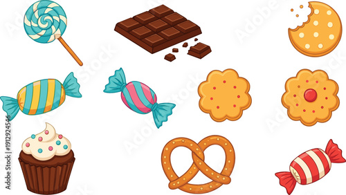 Cute Sweet Desserts Icon Set with Candy, Cookies, Chocolate, Cupcake, Pretzel, and Lollipop for Kids Apps, Stickers, Packaging, and Vector Designs