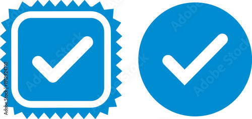 Blue checkmark icons set with certification badge and approval circle, vector design for verification, confirmation, completion, approval, digital interface, usability, user experience graphics