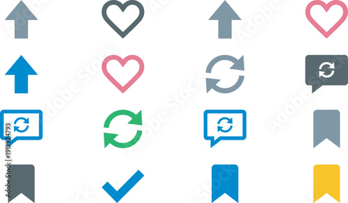 Colorful user interface icons grid with arrows, hearts, refresh symbols, bookmarks, and checkmarks, vector design set for apps, websites, interaction, usability, digital communication graphics