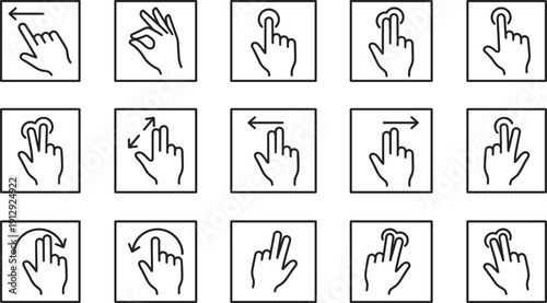 Touchscreen gesture icons set with swipes, pinches, taps, rotations, and multi‑finger movements, vector design for smartphone, tablet, user interface, usability, and interaction graphics
