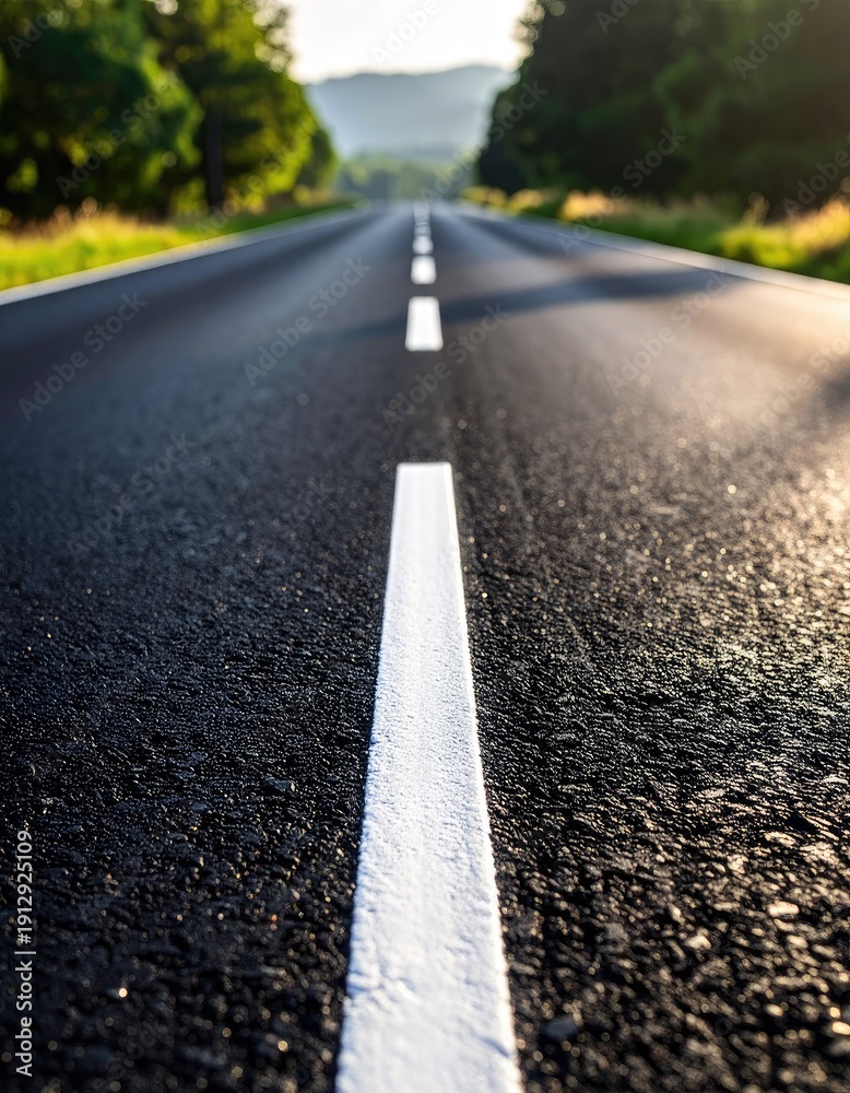 Obraz premium A sunlit, straight asphalt road stretches toward distant, tree-lined hills.