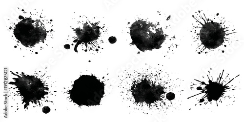 Black grungy paintbrush strokes collection with distressed splashes stains scratch. vector decorative banner template graphic background design set.