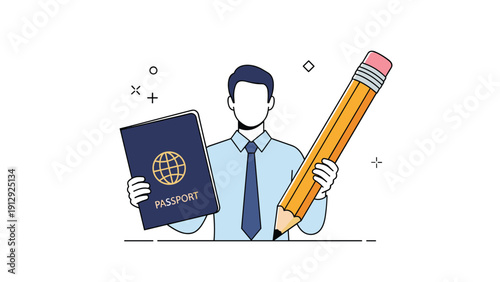 Professional man in a shirt and tie holding a blue passport and a giant yellow pencil, symbolizing travel documentation and creative writing.