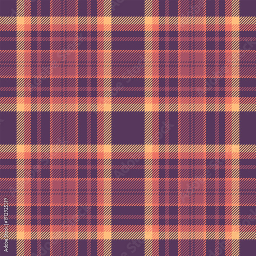 Harvest fabric pattern tartan, oktoberfest seamless plaid background. Comfortable textile check texture vector in red and purple colors.