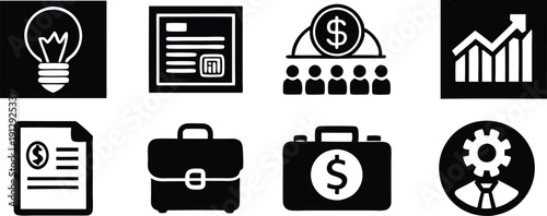 Business icons set representing finance, strategy, and professional management success