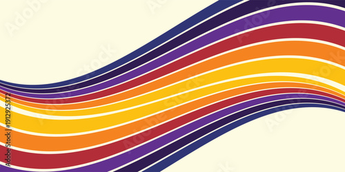 Abstract colorful 70s background vector. Vintage retro wallpaper with rainbow stripes and wavy lines. A 1970 color illustration suitable for posters, banners, decorative items and wall art.