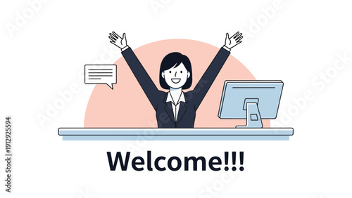 Enthusiastic businesswoman at her office desk raising her hands in excitement with the word welcome displayed below her, indicating a friendly greeting.