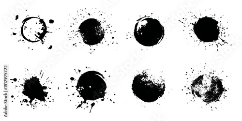 Black grungy paintbrush strokes collection with distressed splashes stains scratch. vector decorative banner template graphic background design set.