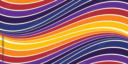 Abstract colorful 70s background vector. Vintage retro wallpaper with rainbow stripes and wavy lines. A 1970 color illustration suitable for posters, banners, decorative items and wall art.