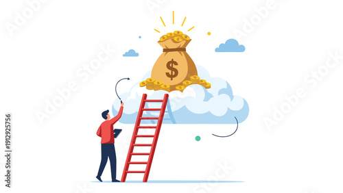 Man in a red shirt climbing a tall ladder towards a large bag of money sitting on a cloud, symbolizing the effort required to reach high financial goals.