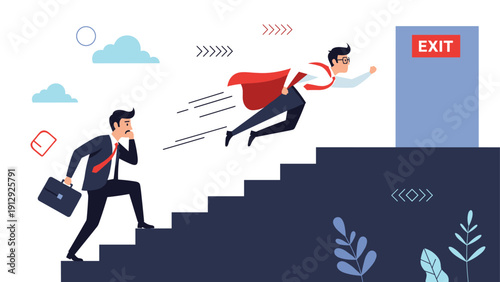 Businessman wearing a red cape flying like a superhero towards an exit sign while another businessman climbs the stairs below, showing rapid advancement.