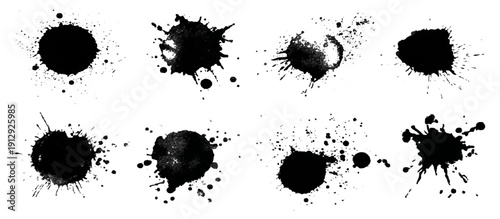 Black grungy paintbrush strokes collection with distressed splashes stains scratch. vector decorative banner template graphic background design set.