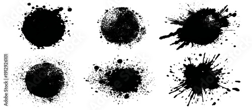 Black grungy paintbrush strokes collection with distressed splashes stains scratch. vector decorative banner template graphic background design set.