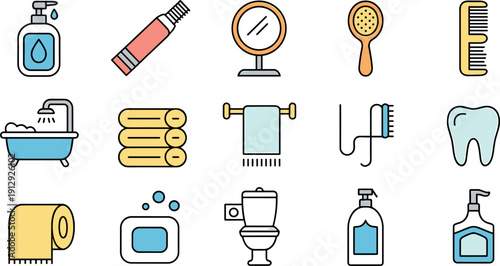Bathroom Hygiene and Personal Care Icons Set Flat Minimal Vector Illustration Collection