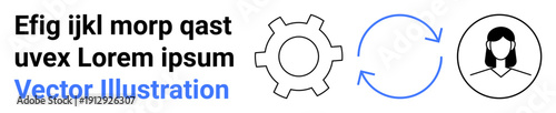 Simplistic gear, circular arrows, and a female avatar visually represent process, workflow, automation, and user interaction. Ideal for teamwork, software, business productivity UX design