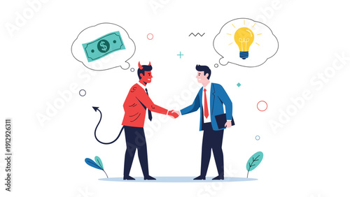 Businessman shakes hands with a red devil as they have different motives involving a new idea and financial gain.