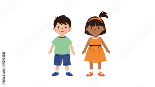 Cartoon illustrations of a young boy in a green shirt and a young girl in an orange dress stand together smiling.