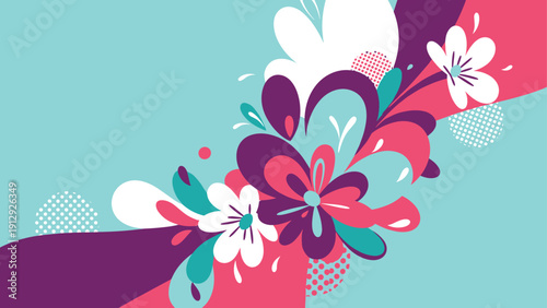 Beautiful abstract floral pattern features vibrant pink, white, and purple flowers across a bright teal blue background.