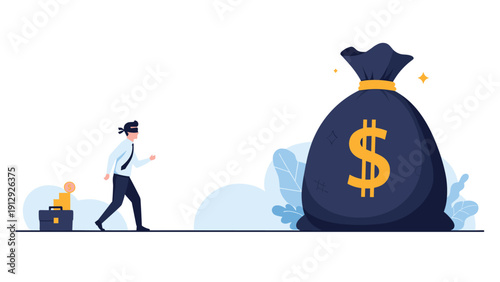 Blindfolded businessman walks tentatively toward a massive dark blue bag of money marked with a gold dollar sign.