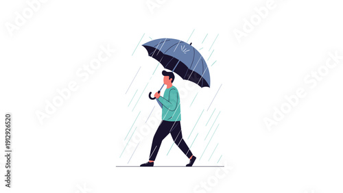 Man walks calmly through a steady rainfall while holding a large blue umbrella to stay dry during his commute.