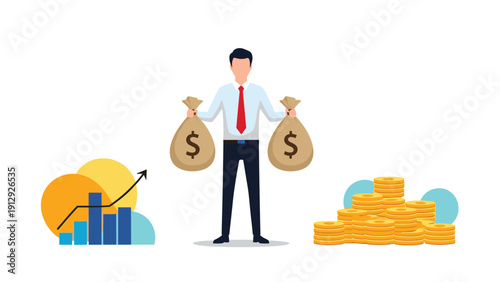 Businessman balances two large sacks of money in his hands between a growing sales chart and a pile of coins.