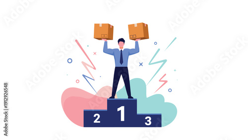 Successful businessman stands proudly on the number one spot of a winner podium while lifting two large boxes.