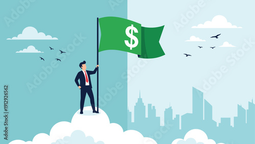 Successful businessman stands on a white cloud holding a green flag with a dollar sign over a city skyline.