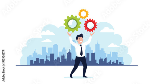 Smiling businessman holds three colorful interlocking gears above his head against a blue city skyline backdrop.