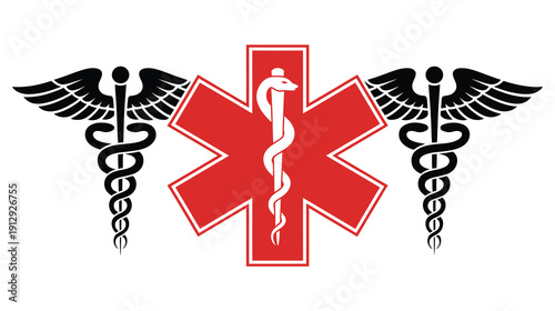 Medical symbols caduceus and star of life icons for healthcare and emergency services, vector illustration representing hospital care, ambulance response, medical assistance, safety, and professional 